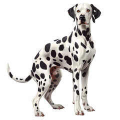 A Dalmatian, iconic for its black and white spotted coat, alert and active, on a transparent background