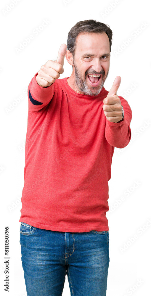 Sticker Handsome middle age hoary senior man wearing winter sweater over isolated background approving doing positive gesture with hand, thumbs up smiling and happy for success. Looking at the camera.