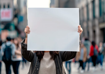 Young woman holding a placard with copy space during a street protest. Concept of activism, public demonstration