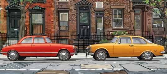 Vintage cars in nostalgic scenes  retro inspired illustrations of classic automobiles