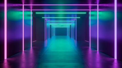 Futuristic corridor illuminated by neon lights