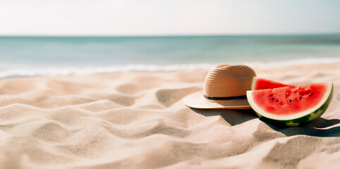 Summer beach scene with watermelon and straw hat. Concept of vacation banners, summertime leisure