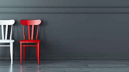 a row of four white chairs and one standout red chair arranged neatly against a grey backdrop.