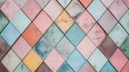 Multicolored distressed ceramic tiles in geometric pattern