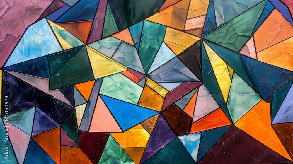 Aufkleber stained glass in vivid colors arranged in an abstract geometric pattern, reflecting light and textur