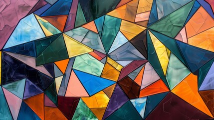 Stained glass in vivid colors arranged in an abstract geometric pattern, reflecting light and...
