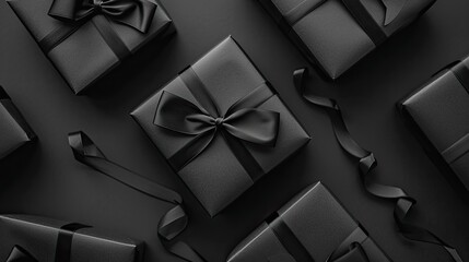 sleek black gift boxes arranged against a matching black background, epitomizing the concept of exclusive deals and savings.