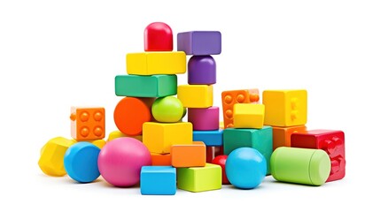 Illustrate a set of preschool resources, such as colorful play dough, storybooks, and building blocks, fun and educational, isolated on white with ample free space