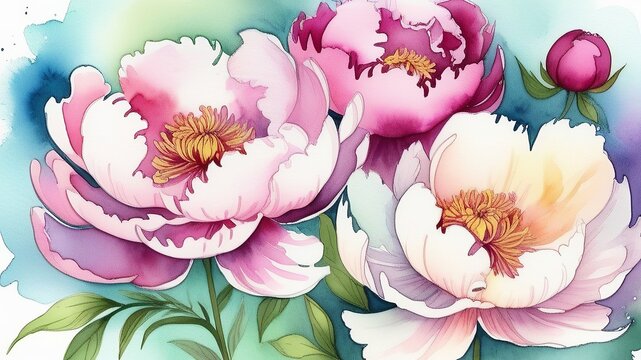 
Image of blooming peonies in watercolor style