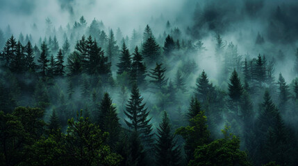 Dense Forest Covered in a Misty Veil
