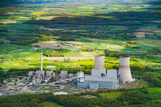 Shutdown Nuclear Powerplant, Large Conelike Cooling Towers in Countryside, Aerial