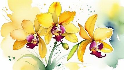 
Image of blooming yellow orchids in watercolor style