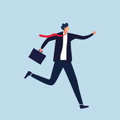 Business illustration of a businessman in suit holding a briefcase and running. Vector concept for banners, infographics or landing pages of website