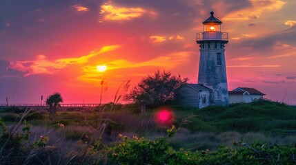 The picturesque Lydia Ann Lighthouse in Aransas Pass casts a stunning glow at sunset nestled between Saint Joseph Island and Mustang Island guiding ships through the channel to Corpus Christ