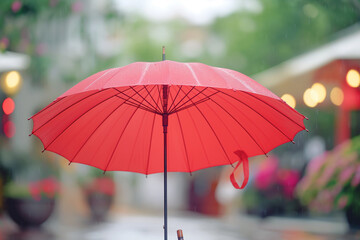 red umbrella on the street, The red umbrella takes center stage in the scene, its vibrant hue capturing the viewer's attention and symbolizing the protective shield offered by travel insurance
