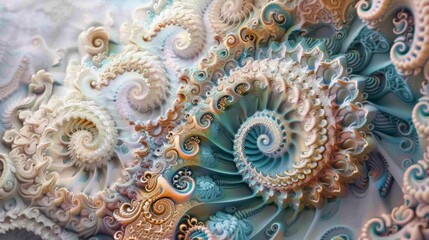 A detailed fractal design with spirals cascading in a harmonious blend of soft pastel colors.