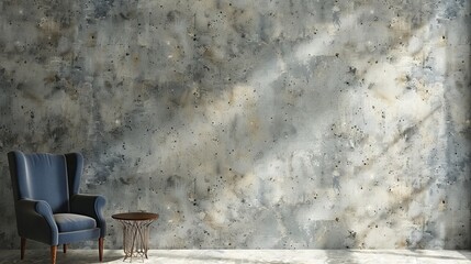 Blue wing back chair and round side table against textured stucco wall with copy space