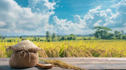 rice stored in a jute sack alongside a wooden spoon on a wooden table, set against the backdrop of a rice field under a clear blue sky.