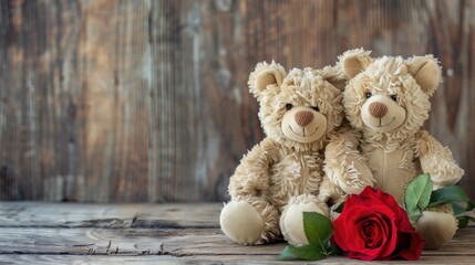 Obraz premium Pairing a couple of teddy bears holding a red rose on a wooden background symbolizes the concept of love perfect for celebrating Valentine s Day weddings and anniversaries