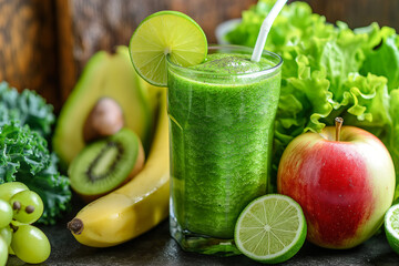 fresh fruit smoothie, The smoothie is a verdant symphony of colors and textures, each ingredient...