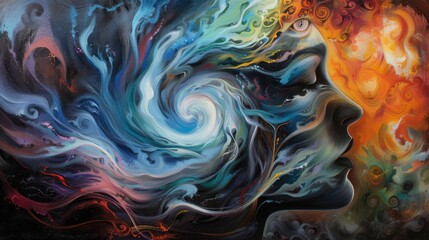 A vivid abstract painting featuring a swirl of colors ranging from cool blues to warm reds and an...