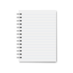Realistic blank open notebook a6 with spiral, stationery notepad or diary template for office with lines.