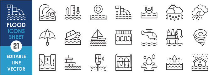 A set of linear icons related to flooding hazard. Outline icons with sea level rise, flood, rain, umbrella, sink, and so on.