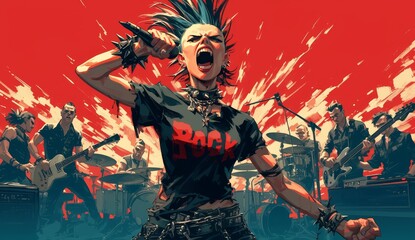 A punk rock poster of the band with an angry female singer in front. She has mohawk hair and is wearing a black tshirt with red letters saying 'Rock'. 