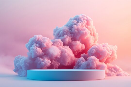Vivid Pink and Blue Clouds on Podium, Surreal Atmospheric Background
