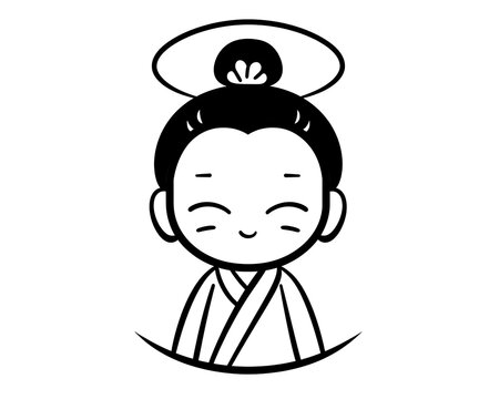 simple line drawing of a cute cartoon character, wearing a traditional Chinese bun on its head and a white robe