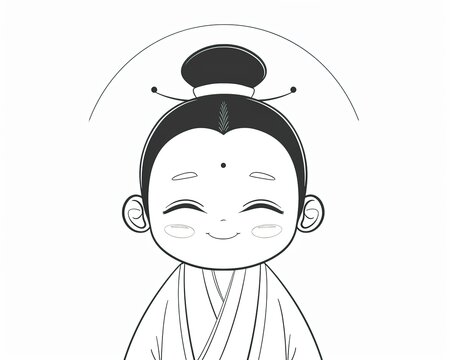 recommend clip art: simple line drawing of a cute cartoon character, wearing a traditional Chinese bun on its head and a white robe
