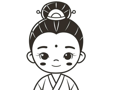 recommend clip art: simple line drawing of a cute cartoon character, wearing a traditional Chinese bun on its head and a white robe