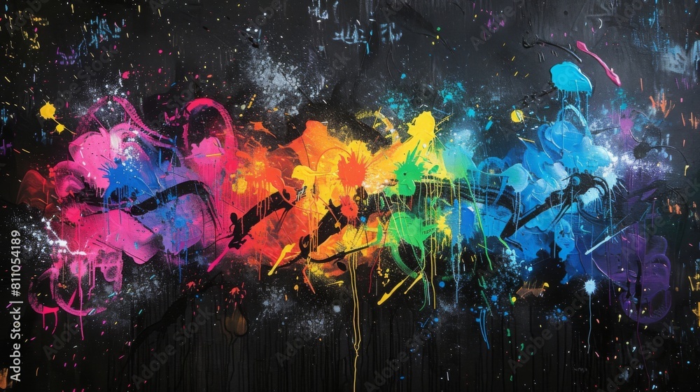 Aufkleber a bright and colorful painting stands out against the backdrop of a dark black wall, adding a dynami