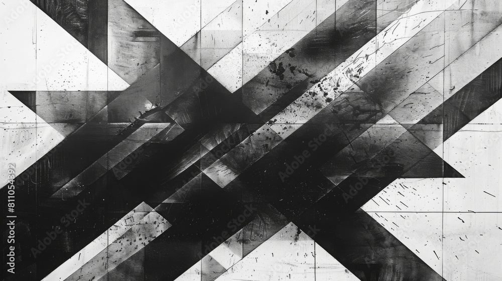 Poster A dynamic geometric mural featuring contrasting black and white shapes creating a striking visual effect.
