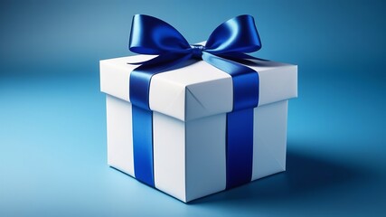 Obraz premium white gift box with blue satin ribbon on a blue background