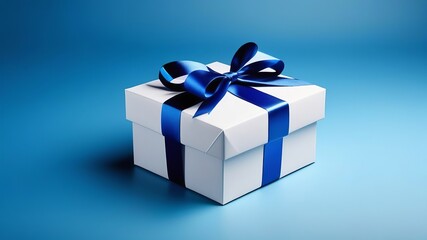Fototapeta premium white gift box with blue satin ribbon on a blue background