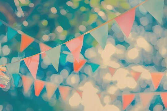Vintage tone of blur background colorful triangular flags of decorated celebrate outdoor party.