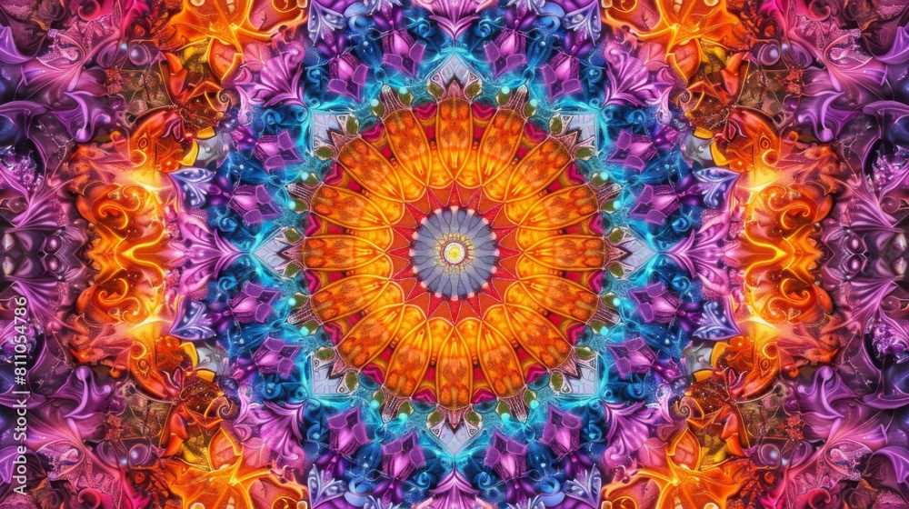 Aufkleber a symmetrical mandala design with intricate patterns and vibrant colors, suggesting a kaleidoscope e