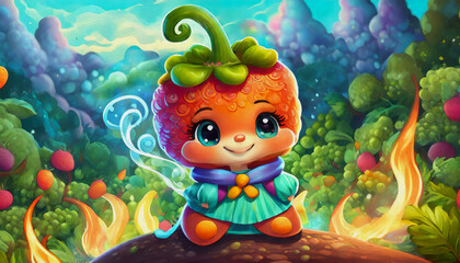 Naklejka premium oil painting style CARTOON CHARACTER CUTE happy Red pepper is sitting in front of fire with smoke billow