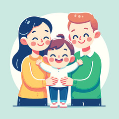 Cartoon of a happy child hugging his parents celebrating World Parent Day