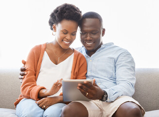 App, social media and tablet with black couple on sofa in living room of home for browsing...