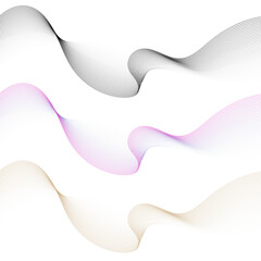 Abstract vector halftone dotted wavy lines with a smooth curve, in a black, blue-magenta, and gold color, flow on a transparent background. Design for luxury, technology, science, and music concept