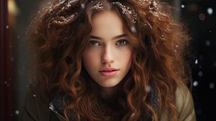 Fototapeta premium Stunning Portrait Of A Young Woman With Fiery Red Hair In Snow, Winter Beauty Captured In Detail, Ai Generated