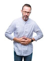 Middle age hoary senior man wearing glasses over isolated background with hand on stomach because...