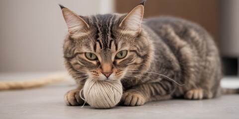 Cat with a boll of wool in mouth