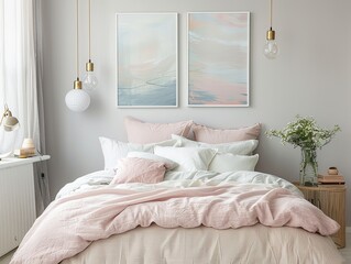 Cozy dreamy bedroom interior with blush pink linen bedding and botanical art prints