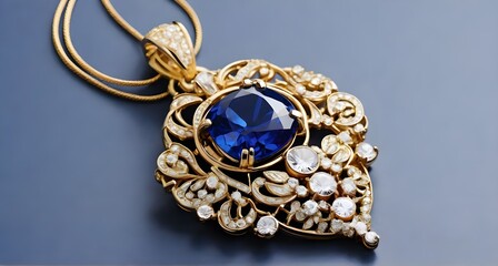 elegant gold pendant with blue jewel and white gems