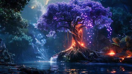 A magical tree of life with glowing leaves standing on the edge of an enchanted lake