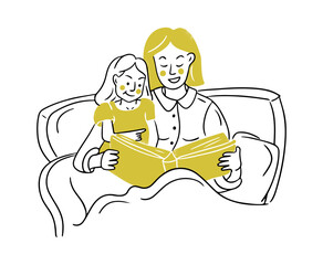 Sketchy illustration of reading mother to child in bed. Contour flat doodle drawing isolated on white background. Vector hand drawn brining up concept for logo or sticker