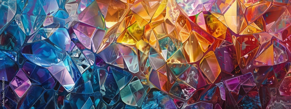 Poster A detailed view showing the vibrant colors and intricate patterns of a multicolored glass wall up close.